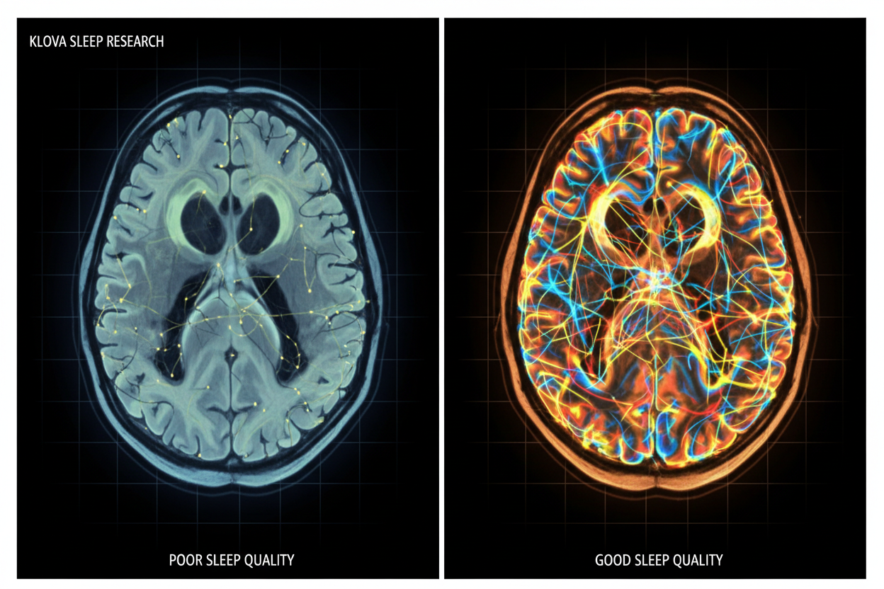 Create a brain activity image, like MRI of a brain, with one side showing a patient without a good sleep and the other side showing a person with a good sleep. On the top corner, write a small text similar to what on Xrays, "Klova Sleep Research" 