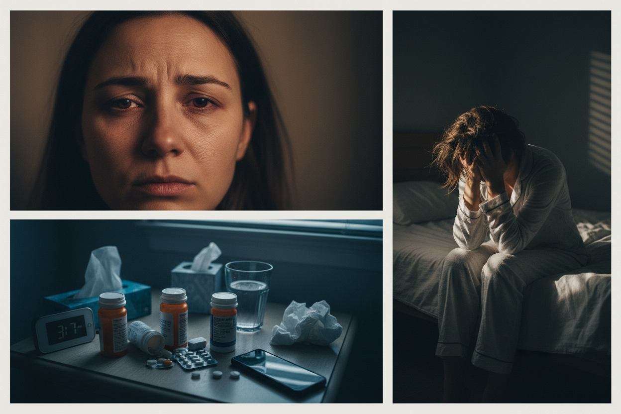 Create a collage of 3 pictures, showing a sleepless woman in stressed, One zooming in on her sleepy eyes, other pictures showing sitting on bed in stress, another one showing lots sleeping pills on side table of a bed.