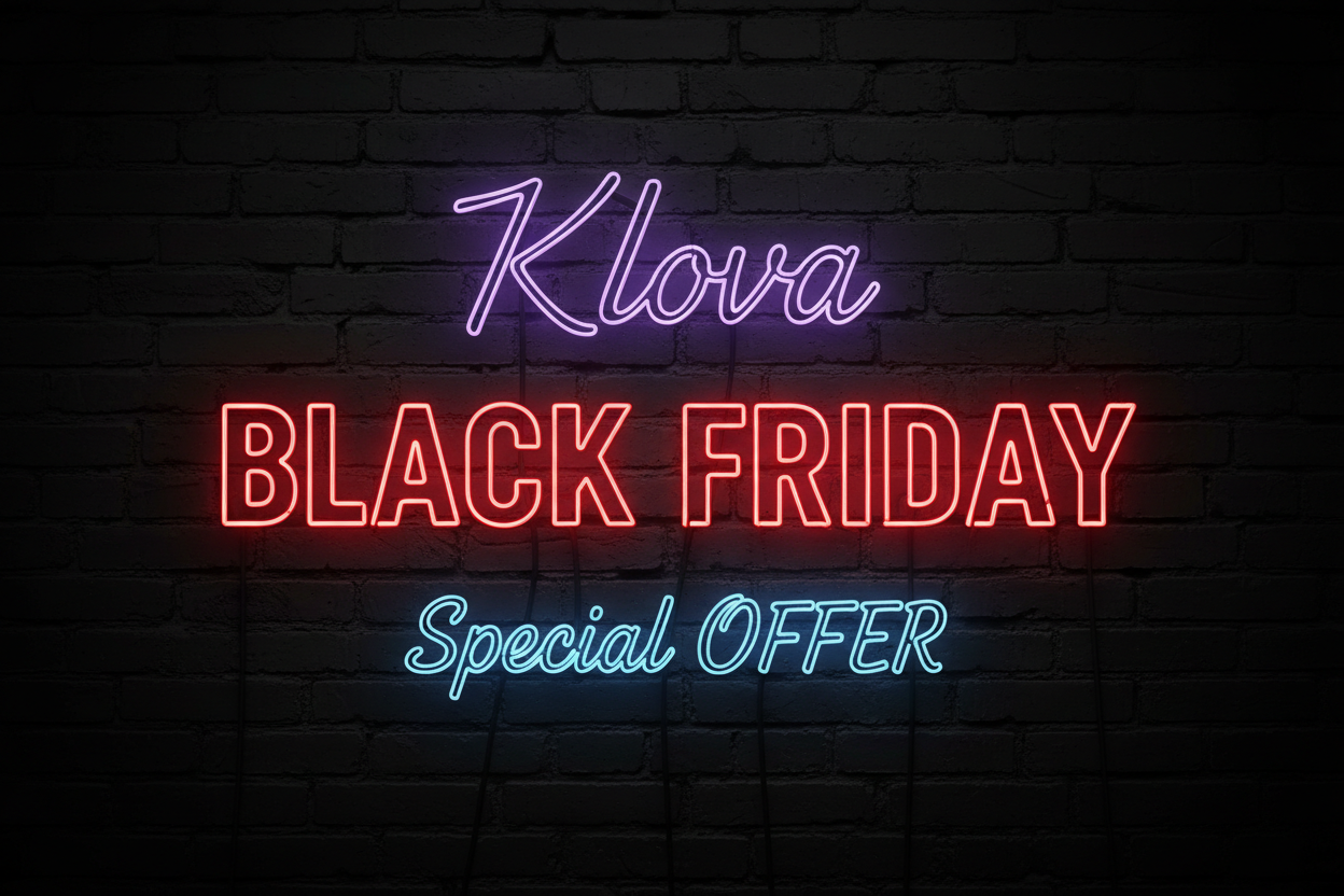 The Realistic Neon Sign A square photograph of vibrant neon tubes against a dark brick wall background. The text "Klova" on the top and then "BLACK FRIDAY" and "Special OFFER" is perfectly centered, glowing brightly with realistic light reflections and buzzing electrical energy. 1:1 dimension.